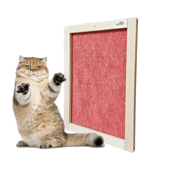 Barış Dizayn Doğal Ahşap Duvara Monte Çerçeveli Halı Kedi Tırmalama Paneli (50x35cm) Kırmızı ürün görseli 1