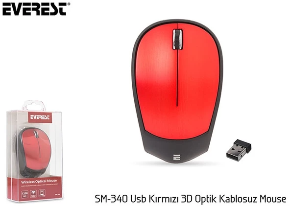 Mouse Kablosuz 3D Optik Süper Sessiz Alkalin Pilli Everest SM-340 Kırmızı ürün görseli 1