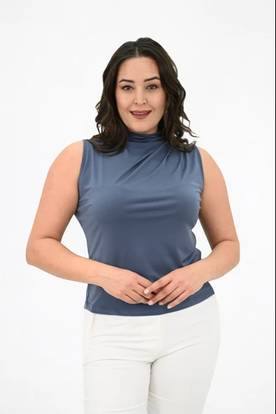 Kadın Büyük Beden Drape Detaylı Dik Yaka Bluz 1851-25 ürün görseli 1