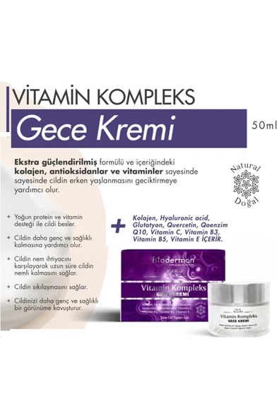 Fitoderman Kolajen Hyaluronic Acid Glutatyon Quercetin Qoenzim Q10 Vitamin  E, B3 Ve B5, C Kompleks Gece Kremi ürün görseli 1
