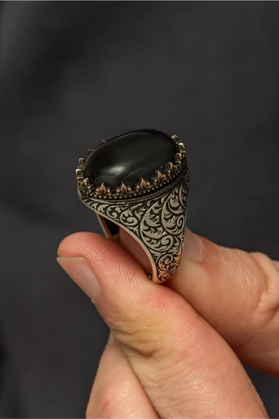 Oval Siyah oniks Taşlı 925 Gümüş Erkek Yüzük ürün görseli 1