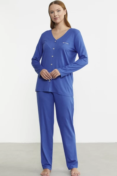 Önden Düğmeli Rahat Kalıp Pijama Takım - Saks ürün görseli 1