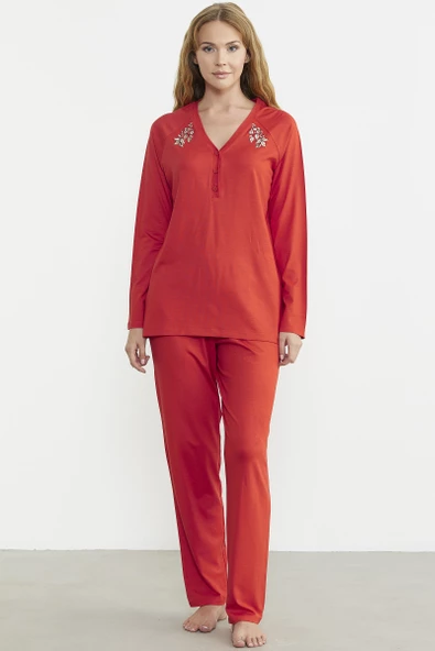 Nakış Detaylı  Düğmeli Pijama Takım - Mercan ürün görseli 1