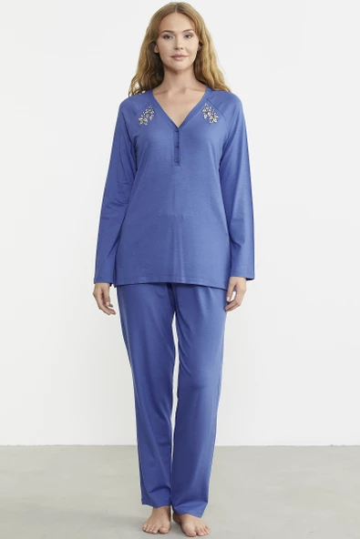 Nakış Detaylı  Düğmeli Pijama Takım - Mavi ürün görseli 1