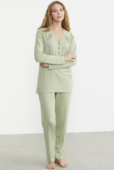 Nakış Detaylı  Düğmeli Pijama Takım - Yeşil ürün görseli 1