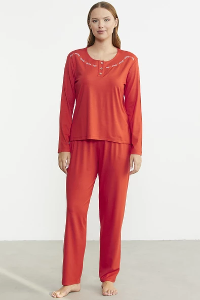 Sıfır Yaka Düğmeli Pijama Takım - Mercan ürün görseli 1
