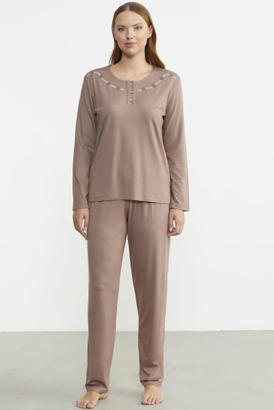 Sıfır Yaka Düğmeli Pijama Takım - Koyu Vizon ürün görseli 1