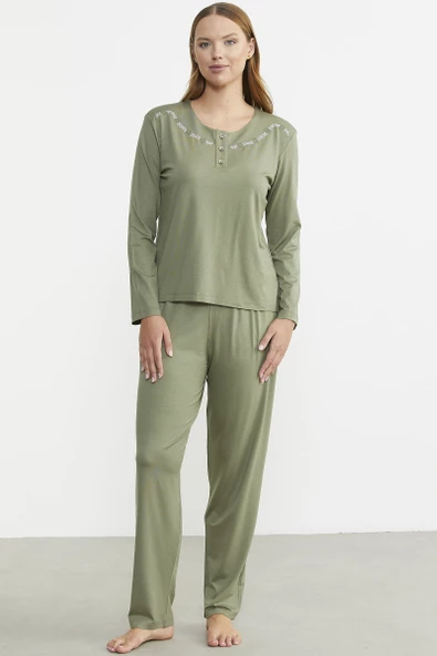 Sıfır Yaka Düğmeli Pijama Takım - Yeşil ürün görseli 1