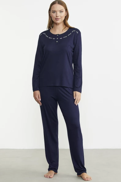 Sıfır Yaka Düğmeli Pijama Takım - Lacivert ürün görseli 1