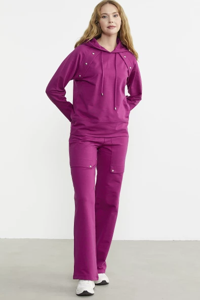Kapüşonlu Oversize Eşofman Takım - Fuşya - Resim 3