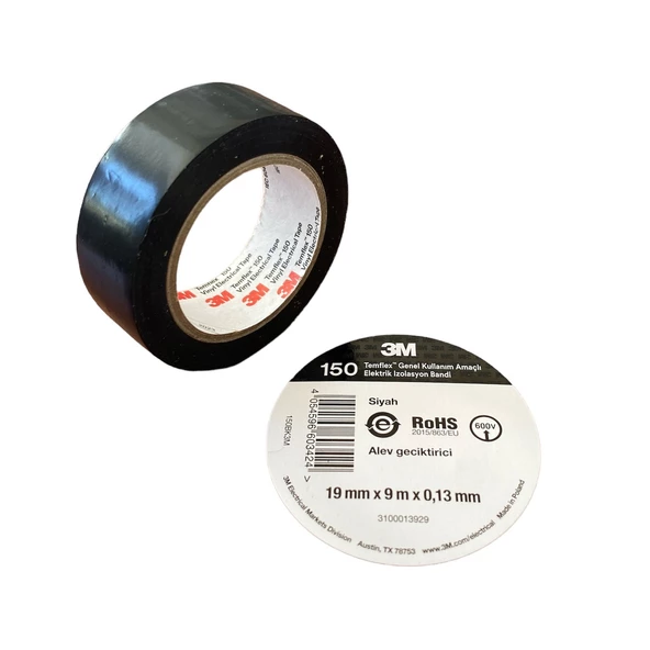3M Temflex 150 Elektrik İzole Bant Elektrik Kablo Bantı 19mmx9m Siyah ürün görseli 1
