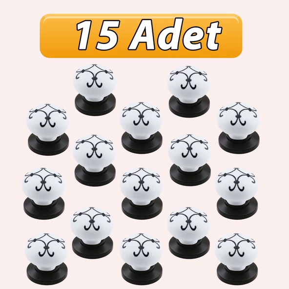 15 Adet Defne Siyah Çizgili Beyaz Polimer Düğme Kulp Siyah Tablalı Mobilya Mutfak Dolabı Çekmece Kulbu Kulpları ürün görseli 1
