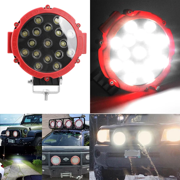 Off Road Led Projektör Sis Lambası Kırmızı Çerçeve Beyaz Led 51W 18cm ürün görseli 1
