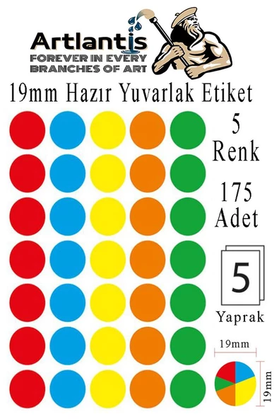 19 mm Renkli Hazır Yuvarlak Etiket 175 li 1 Paket Mix Color Ofis Etiketleri Kendinden Yapışkanlı Nokta Etiket ürün görseli 1