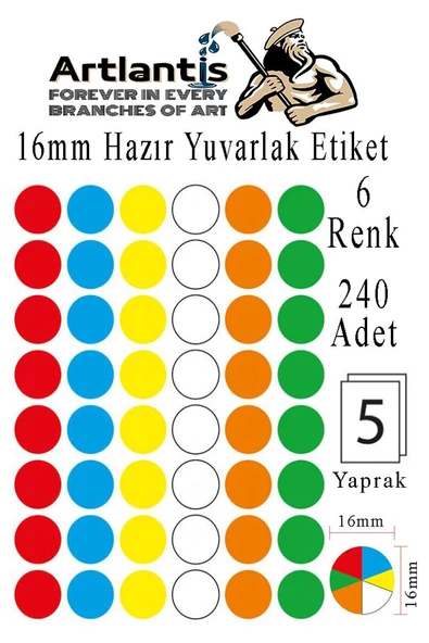 16 mm Renkli Hazır Yuvarlak Etiket 240 lı 1 Paket Mix Color Ofis Etiketleri Kendinden Yapışkanlı Nokta Etiket ürün görseli 1