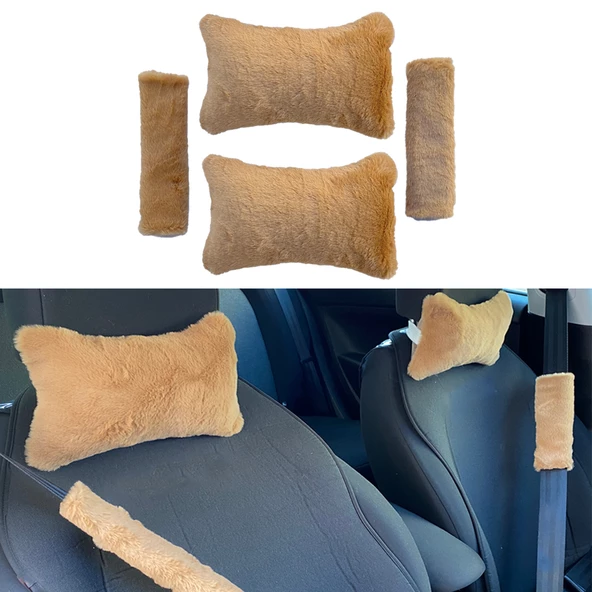 Peluş Ortopedik Araba Seyahat Boyun Yastığı Emniyet Kemer Pedi Seti Kahverengi ürün görseli 1