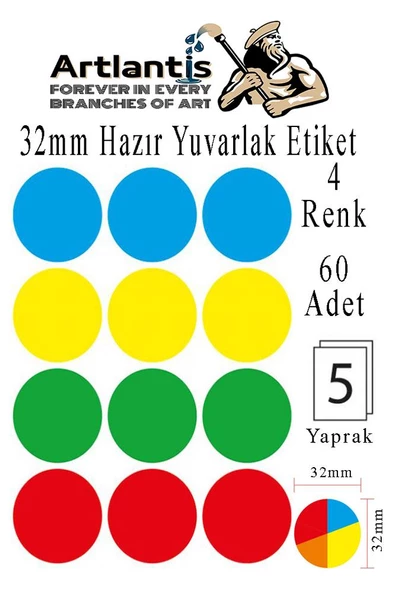 32 mm Renkli Hazır Yuvarlak Etiket 60 lı 1 Paket Mix Color Ofis Etiketleri Kendinden Yapışkanlı Nokta Etiket ürün görseli 1