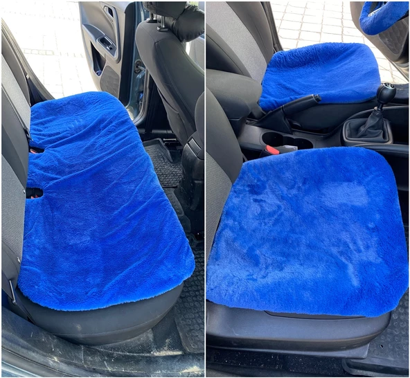 Yumuşak Tüylü Peluş Serme Oto Koltuk Koruyucu Minder Ön Arka Mavi ürün görseli 1