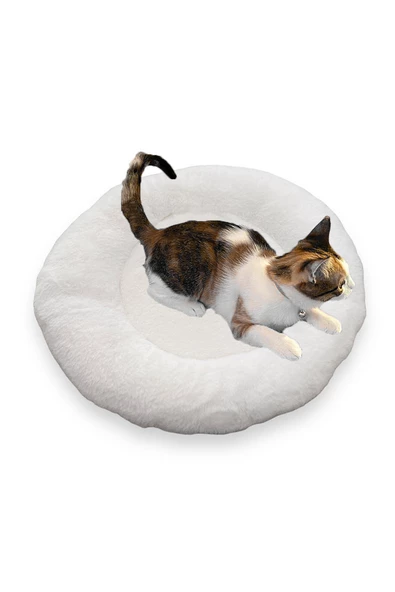 Yumuşak Tüylü Peluş Yuvarlak Evcil Hayvan Kedi Yatağı Minder 50cm Beyaz ürün görseli 1