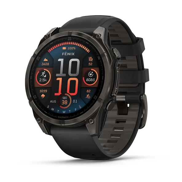 Garmin Fenix 8 – 47mm, AMOLED Sapphire Karbon Gri DLC Titanyum Siyah/Gri Kayışlı ürün görseli 1