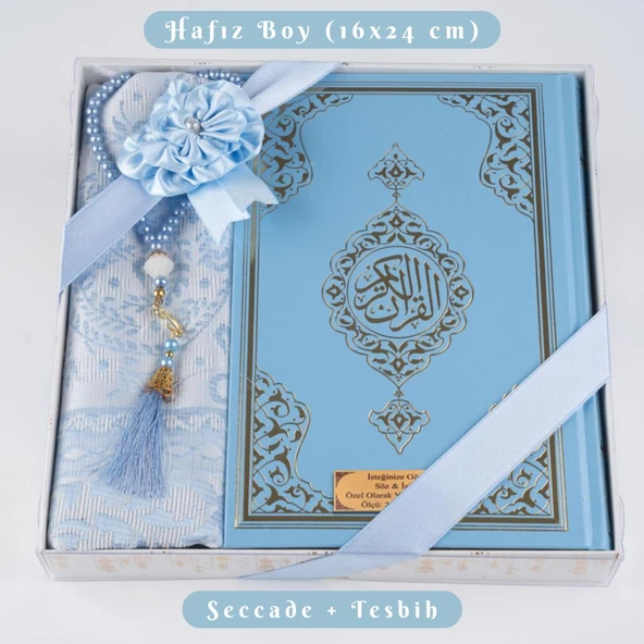 Kuran +  Seccade +  Tesbih Hediye Seti (Hafız Boy, Ekonomik Cilt, Desenli Kutu, Açık Mavi) ürün görseli 1