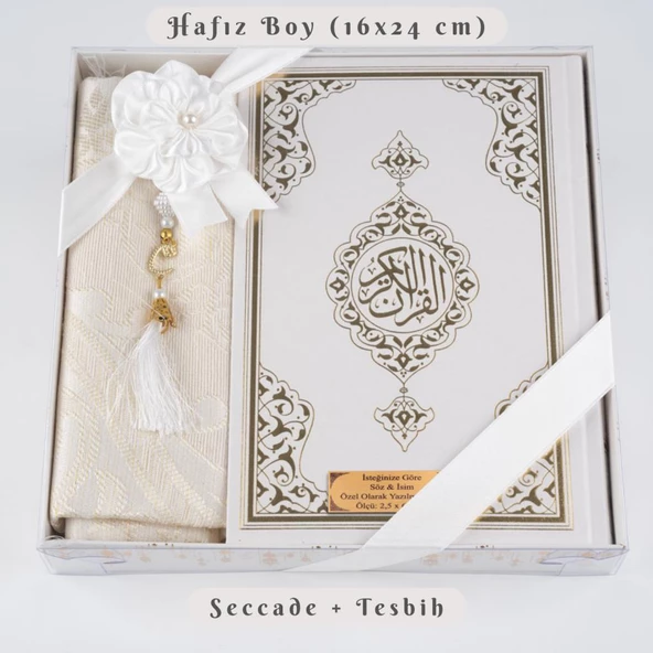 Kuran +  Seccade +  Tesbih Hediye Seti (Hafız Boy, Ekonomik Cilt, Desenli Kutu, Beyaz) ürün görseli 1
