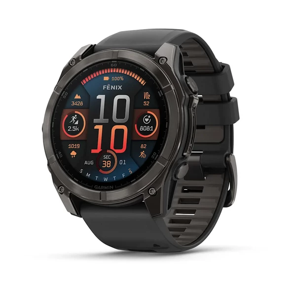 Garmin Fenix 8 – 51mm AMOLED Sapphire Karbon Gri DLC, Siyah/Gri Silikon Kayışlı ürün görseli 1