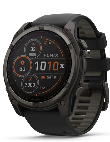 Garmin Fenix 8 – 51 mm Solar Sapphire Karbon gri DLC titanyum ve Siyah/çakıl grisi silikon kayış ürün görseli 1