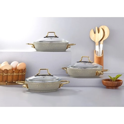 Bonera Marbella Nardo Gri Gold Kulp Detaylı 6 Parça Kapaklı Granit Sahan Seti ürün görseli 1
