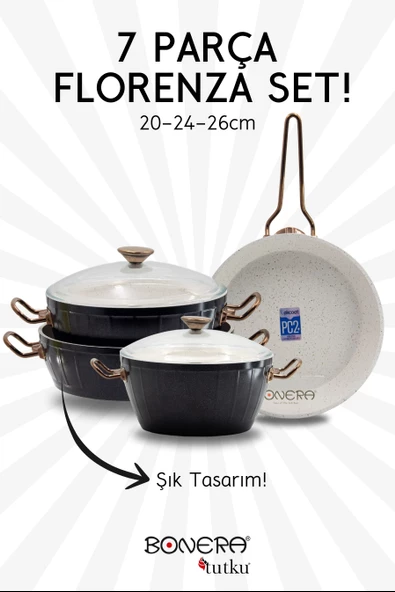 Bonera Florenza 7 Parça Dışı Siyah & İçi Beyaz Rose Gold Kulp Detaylı Tencere & Tava Seti ürün görseli 1