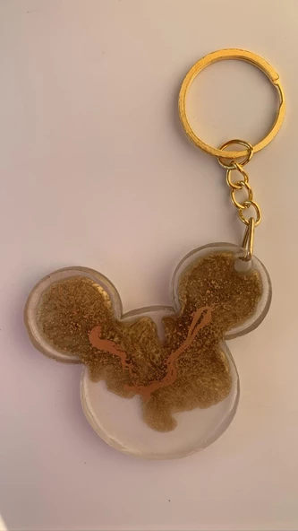Şeffaf Epoksi İçinde Gold Süslemeli Gold Aksesuarlı Mickey Mouse Şekil Anahtarlık El Yapımı Hediyelik ürün görseli 1