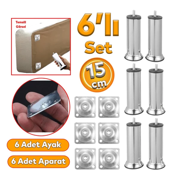 Mobilya Kanepe Baza Koltuk Çekyat 15 Cm Krom Metal Yükseltme Ayağı Ayakları M8 Aparatlı 6'lı Set ürün görseli 1