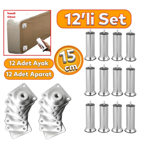 Mobilya Kanepe Baza Koltuk Çekyat 15 Cm Krom Metal Yükseltme Ayağı Ayakları M8 Aparatlı 12'li Set ürün görseli 1