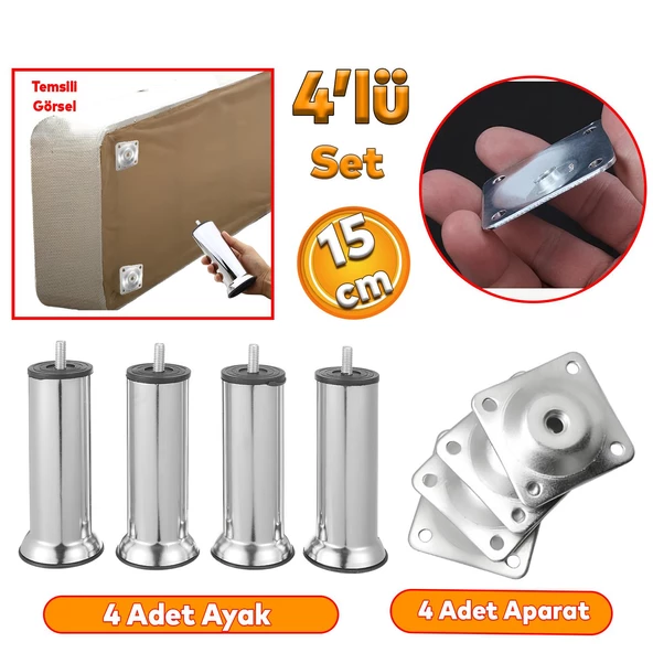 Mobilya Kanepe Baza Koltuk Çekyat 15 Cm Krom Metal Yükseltme Ayağı Ayakları M8 Aparatlı 4'lü Set ürün görseli 1