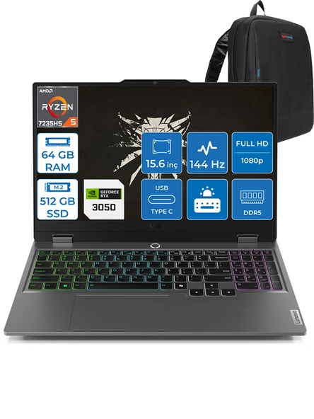 Lenovo Loq 15ARP9 Ryzen 5 7235HS 64GB Dd5 512GB SSD 6GB/RTX3050/95W 15.6" Fhd IPS 144Hz Windows 11 Pro Dizüstü Bilgisayar 883JC000QTRP16 + Zettaçanta ürün görseli 1