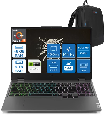 Lenovo Loq 15ARP9 Ryzen 5 7235HS 48GB Dd5 4tb SSD 6GB/RTX3050/95W 15.6" Fhd IPS 144Hz Freedos Dizüstü Bilgisayar 883JC000QTRF15 + Zettaçanta ürün görseli 1