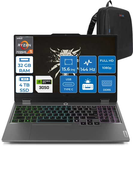 Lenovo Loq 15ARP9 Ryzen 5 7235HS 32GB Dd5 4tb SSD 6GB/RTX3050/95W 15.6" Fhd IPS 144Hz Windows 11 Home Dizüstü Bilgisayar 883JC000QTRH11 + Zettaçanta ürün görseli 1