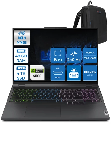 Lenovo Legion Pro 7 I9-14900HX 48GB 2tb + 2tb SSD 16GB/RTX4090/175W 16" 240Hz 500NITS Hdr Wqxga Freedos Taşınabilir Bilgisayar L83DE002XTR09 + Zettaçanta ürün görseli 1