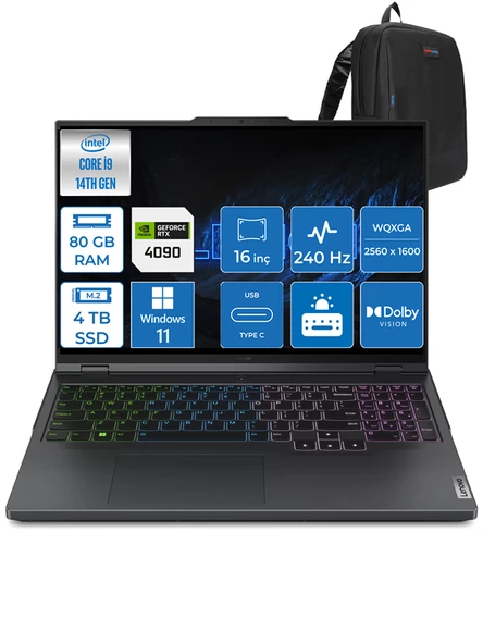 Lenovo Legion Pro 7 I9-14900HX 80GB 2tb + 2tb SSD 16GB/RTX4090/175W 16" 240Hz 500NITS Hdr Wqxga WIN11PRO Taşınabilir Bilgisayar L83DE002XTRWP19 + Zettaçanta ürün görseli 1