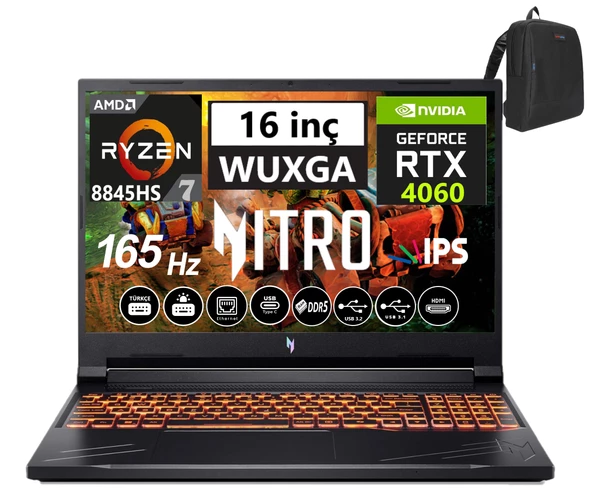 Acer Nitro V16 ANV16-41 Amd R7 8845HS Aı 48GB Ddr5 4tb SSD 8GB/RTX4060 Freedos 16" 165Hz Wxuga IPS Taşınabilir Bilgisayar WNHQRUEY00312+WEBLEGELSINÇANTA ürün görseli 1