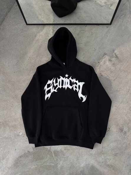 Üç İplik Kapşonlu Baskılı Oversize SweatShirt- Siyah ürün görseli 1