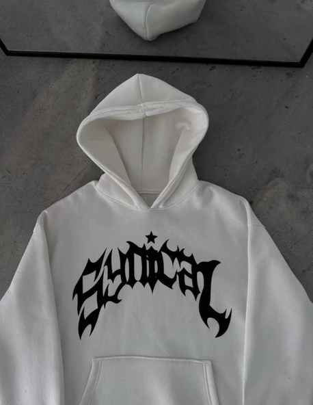 Üç İplik Kapşonlu Baskılı Oversize SweatShirt-  Beyaz ürün görseli 1