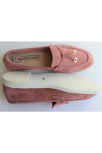Hakiki Deri Pudra Küçük Ve Büyük Beden Günlük Kadın Ayakkabı Loafer Makosen ürün görseli 1