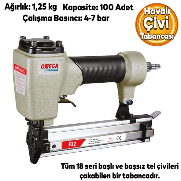 Omega Çivi Tabancası Döşeme Tabancası Hafif Başlı Havalı Çivi Çakma 10-32 mm ürün görseli 1