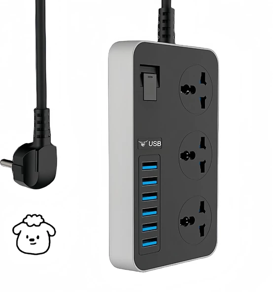 3000W Güç Şeridi Dalgalanma Koruyucusu 3 AC Çıkışları ve 6 USB Şarj Portu  Akım Korumalı Grup Priz ürün görseli 1