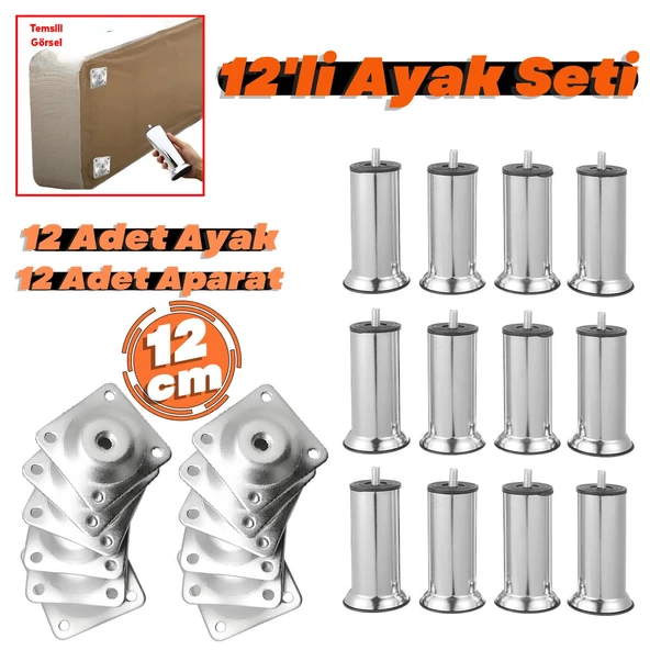 12'li Set Metal Mobilya Kanepe Koltuk Baza Yatak Çekyat Yükseltme Ayağı Ayakları M8 Civata Krom 12 Cm ürün görseli 1