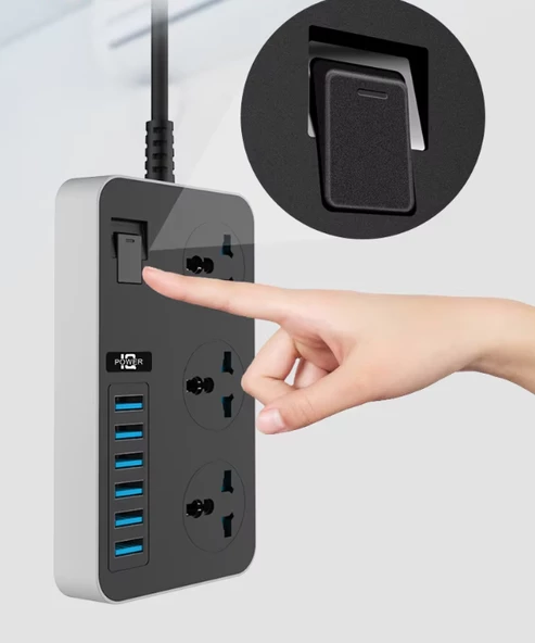 QASUL Kontrol Anahtarlı güç Kaynağı Kartı 3-AC (13A/3000W),  6 USB Şarj Portlu Soket (3.1A/5V) 1.8M Kablo Güç Adaptörü, Ofis Ev ürün görseli 1