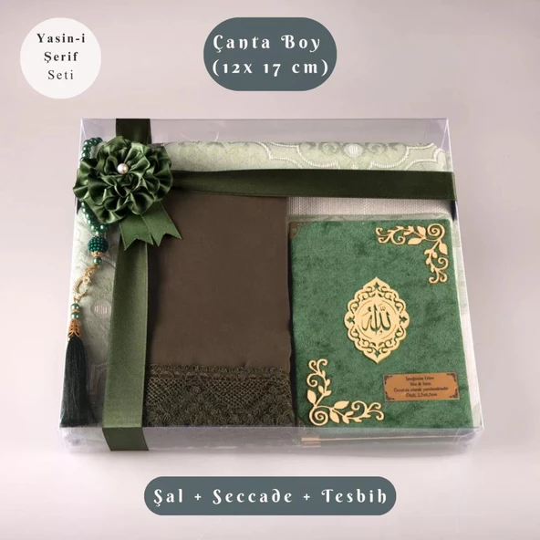 Şal + Seccade + Tesbih + Yasin Hediye Seti (Çanta Boy, Şems Lafzatullah, Raşel Cilt, Yeşil) ürün görseli 1