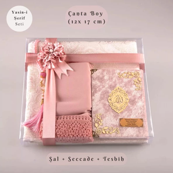 Şal + Seccade + Tesbih + Yasin Hediye Seti (Çanta Boy, Şems Lafzatullah, Raşel Cilt, Bebe Pembe) ürün görseli 1