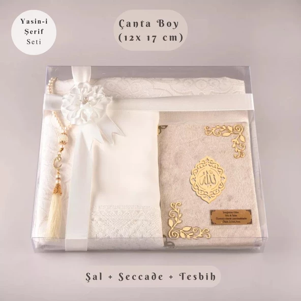 Şal + Seccade + Tesbih + Yasin Hediye Seti (Çanta Boy, Şems Lafzatullah, Raşel Cilt, Krem) ürün görseli 1